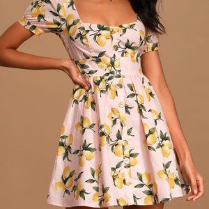 NWOT Lulus Pink Lemon Puff Sleeve Corset Skater Sweetheart Dress Small S